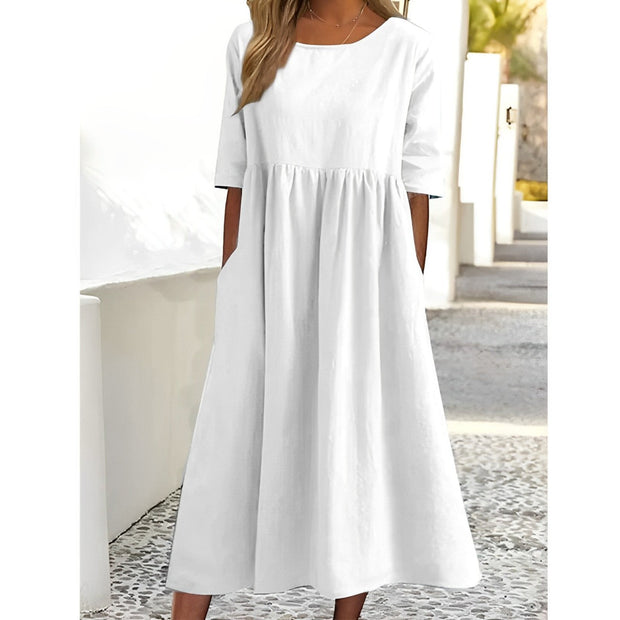 WW | Atmungsaktives Baumwoll-Leinen Vintage Midi-Kleid mit Falten-Design