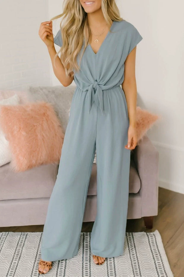 WW | Jumpsuit V-ausschnitt Kurzarm Bindegürtel Weit Bein Elegant & Vielseitig