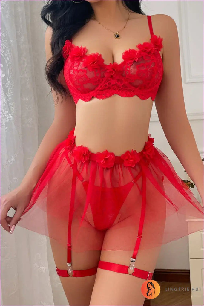 WW | Rotes Blumendesign Spitzenstrumpfhalter Lingerie Set – Sensuell & Elegant