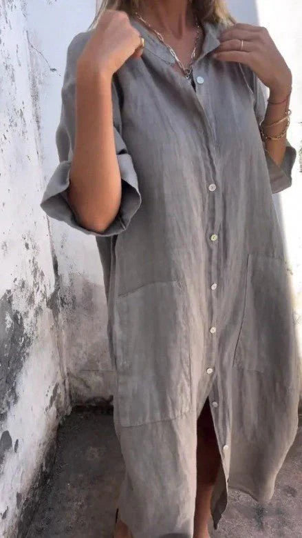 WW | Elegantes Hemdkleid aus Leinen mit Knopfleiste