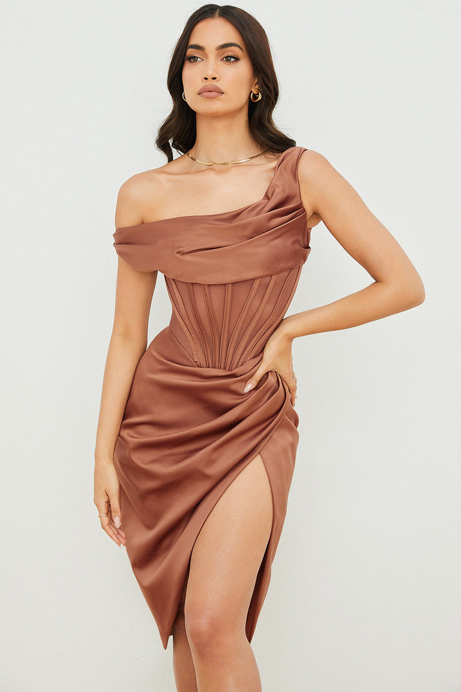 WW | Asymmetrisch drapiertes Midi-Korsettkleid