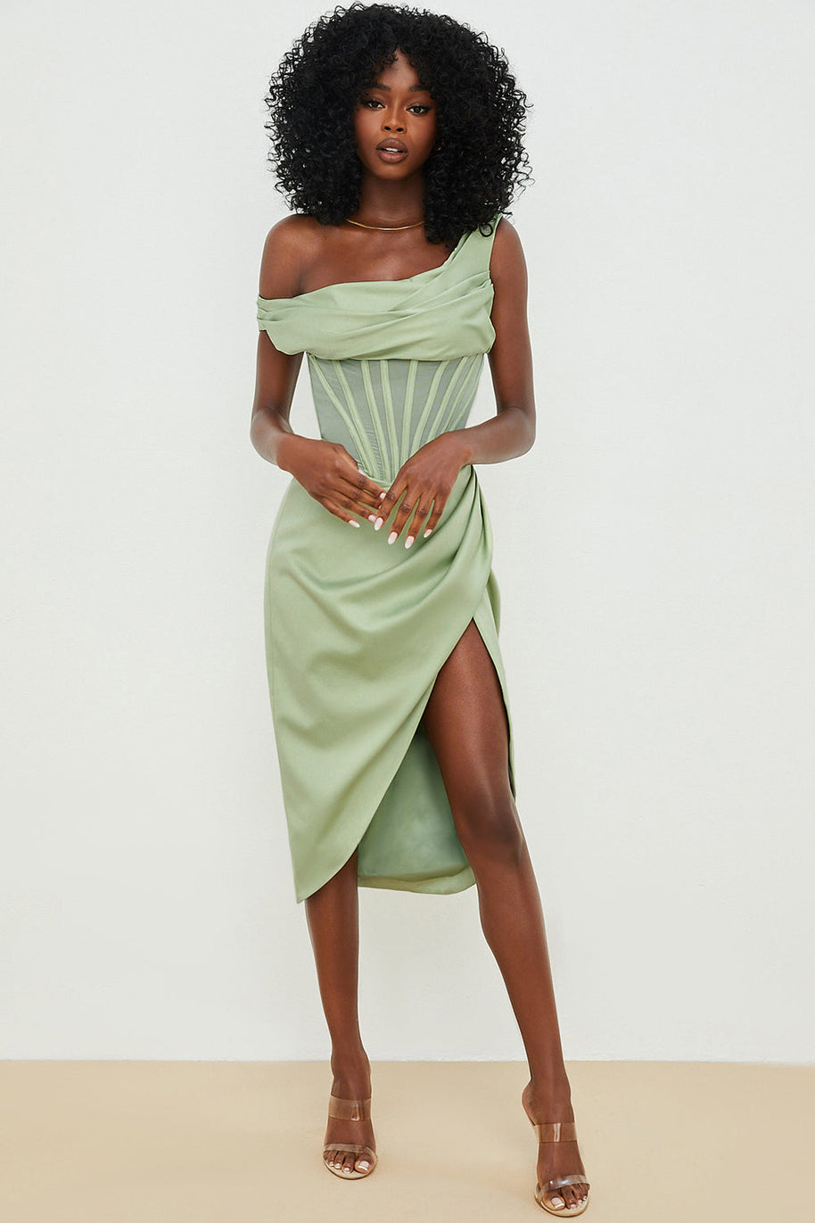 WW | Asymmetrisch drapiertes Midi-Korsettkleid