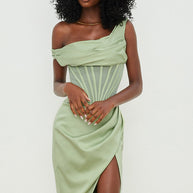 WW | Asymmetrisch drapiertes Midi-Korsettkleid