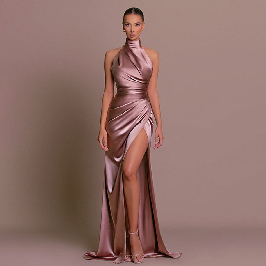 WW | Luxuriöses Hoher Hals Halter Raffung Seite Schlitz Satin Maxikleid Abendkleid