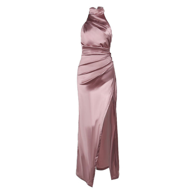 WW | Luxuriöses Hoher Hals Halter Raffung Seite Schlitz Satin Maxikleid Abendkleid