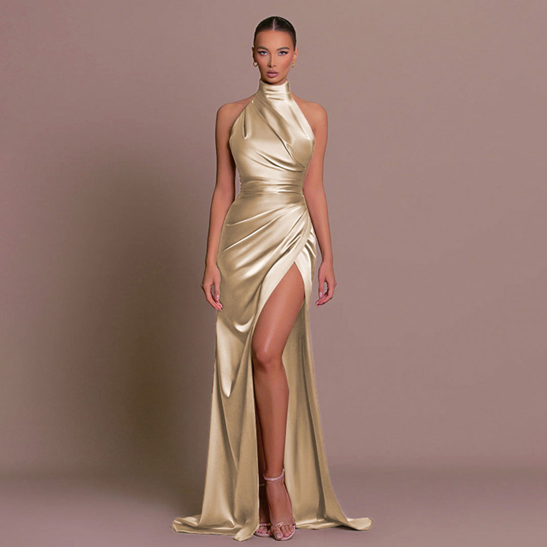 WW | Luxuriöses Hoher Hals Halter Raffung Seite Schlitz Satin Maxikleid Abendkleid