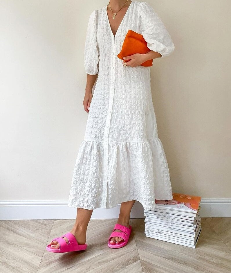 WW Chiffon Kleid | Weiß Elegantes Chiffon Boho Kleid für Frauen mit V-Ausschnitt