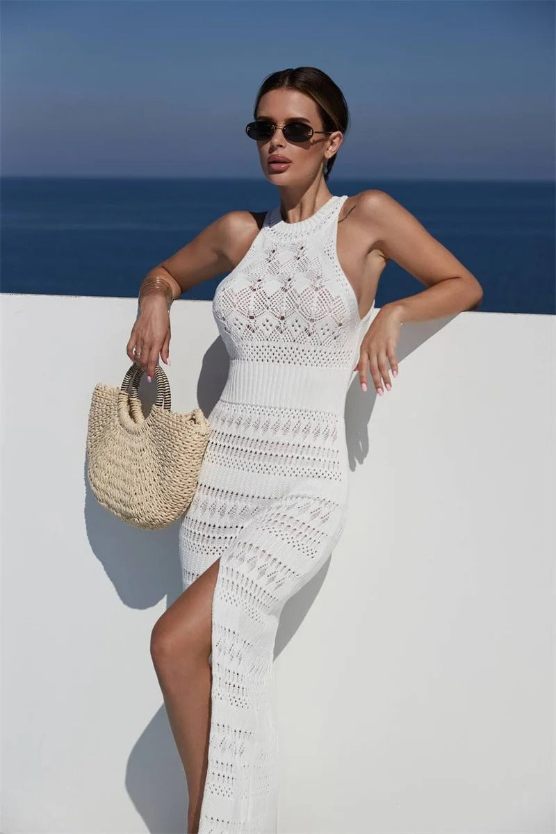W&W Mode | ärmelloses langes Strickkleid mit hohem Schlitz