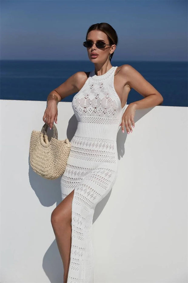 WW | ärmelloses langes Strickkleid mit hohem Schlitz