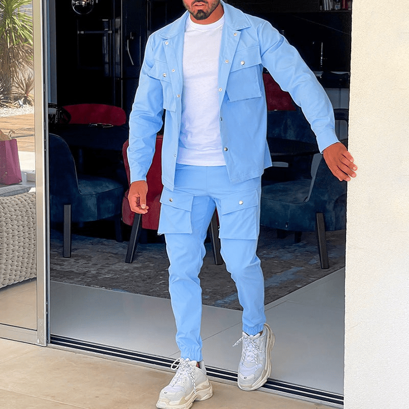W&W Mode | Zweiteilig Herren Cargo Anzug Herren Cargo Hose & Hemd Trendy