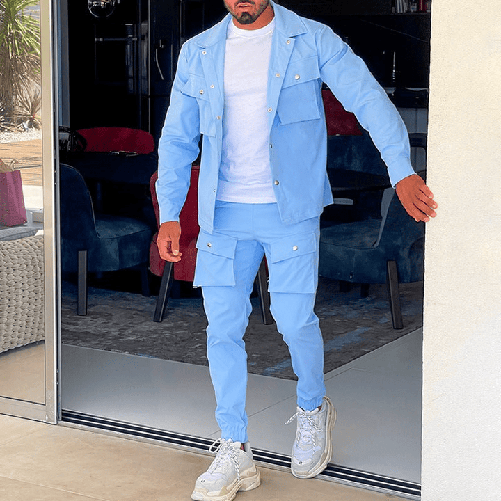 W&W Mode | Zweiteilig Herren Cargo Anzug Herren Cargo Hose & Hemd Trendy