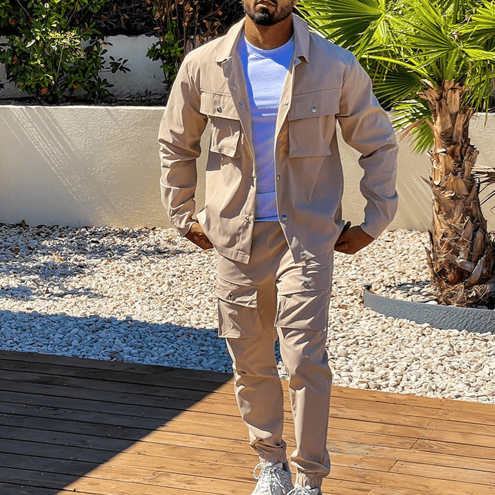 W&W Mode | Zweiteilig Herren Cargo Anzug Herren Cargo Hose & Hemd Trendy