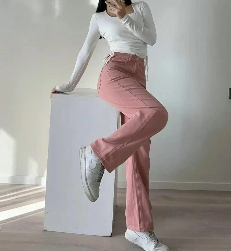 WW | Waist-Pinke Gerade Jeans für Frauen