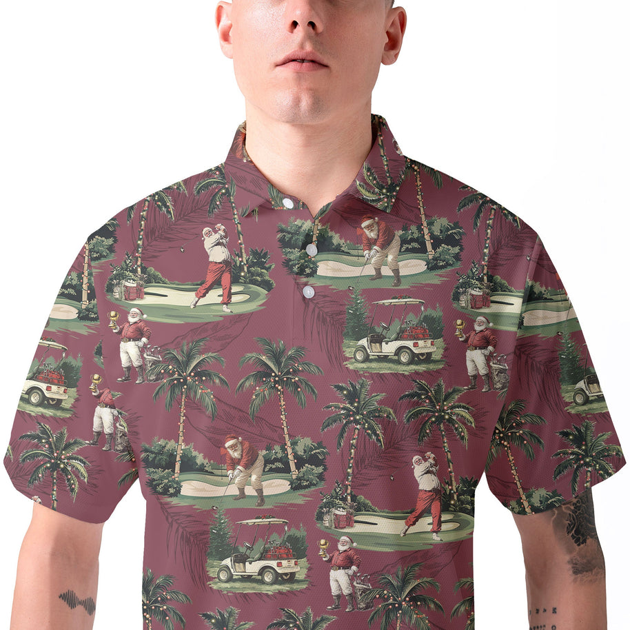 WW | Herren Maroon Santa Golf spielend Weihnachts Golf Polo Shirts