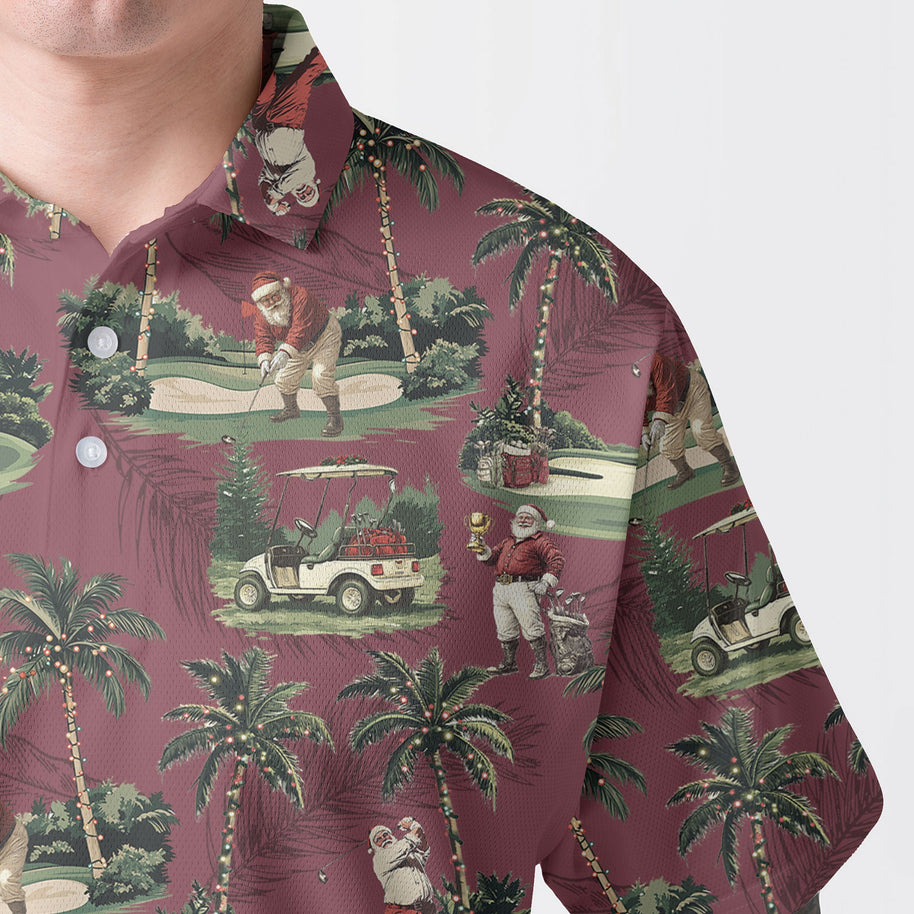 WW | Herren Maroon Santa Golf spielend Weihnachts Golf Polo Shirts