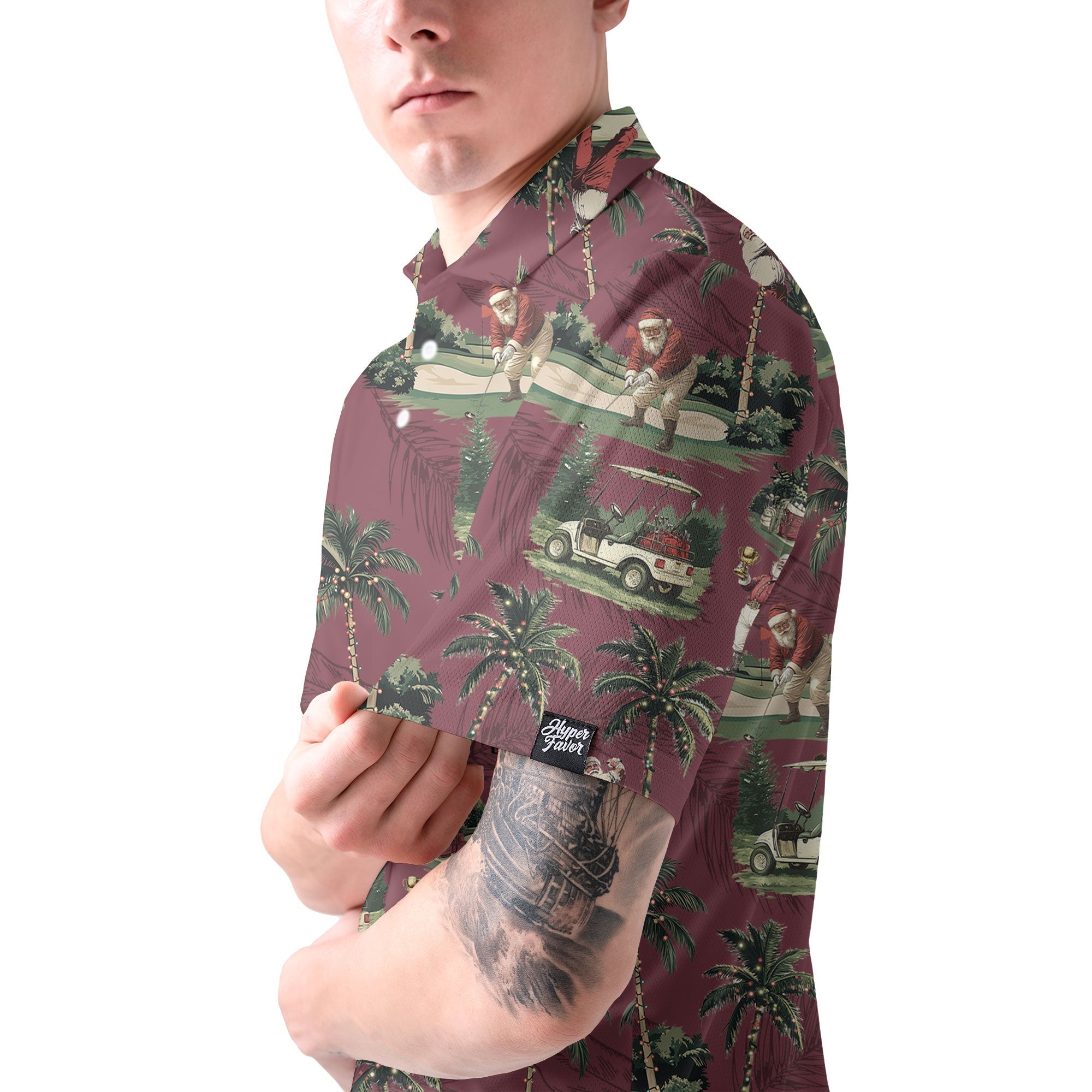 WW | Herren Maroon Santa Golf spielend Weihnachts Golf Polo Shirts