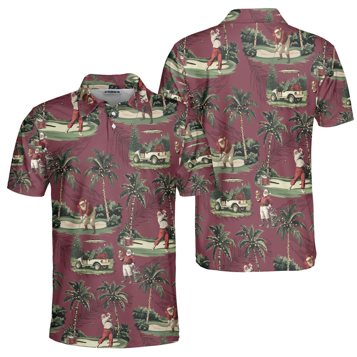 WW | Herren Maroon Santa Golf spielend Weihnachts Golf Polo Shirts