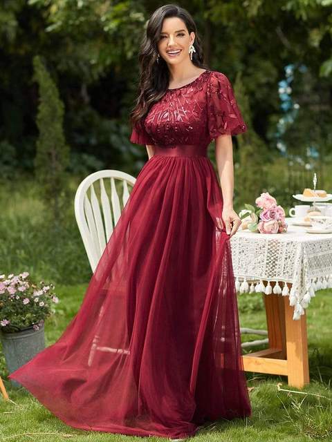Damen Abendkleid in Maxilänge mit funkelnden Mesh-Blattmotiven