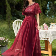 WW | Glänzendes Netz Blütenblattkleid Glänzendes Abendkleid