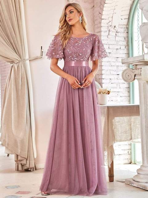 Damen Abendkleid in Maxilänge mit funkelnden Mesh-Blattmotiven