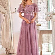 WW | Glänzendes Netz Blütenblattkleid Glänzendes Abendkleid