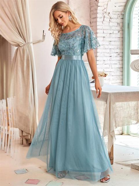 Damen Abendkleid in Maxilänge mit funkelnden Mesh-Blattmotiven