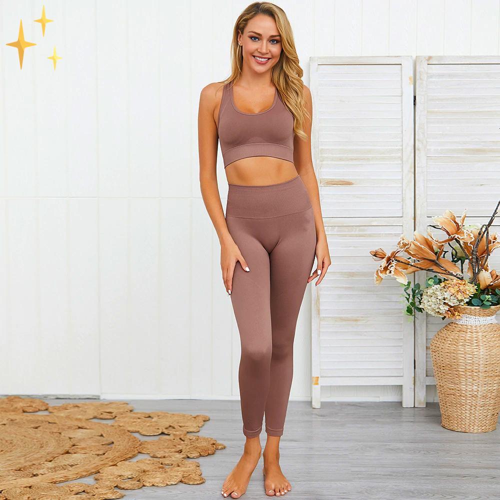 WW | Bunter Stylischer zwei-teiliges Sport-Set Nahtlose Leggings und Sport-BH-Set