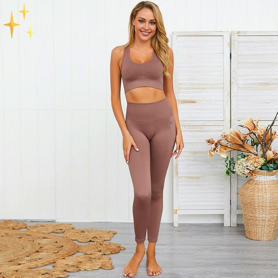 WW | Bunter Stylischer zwei-teiliges Sport-Set Nahtlose Leggings und Sport-BH-Set