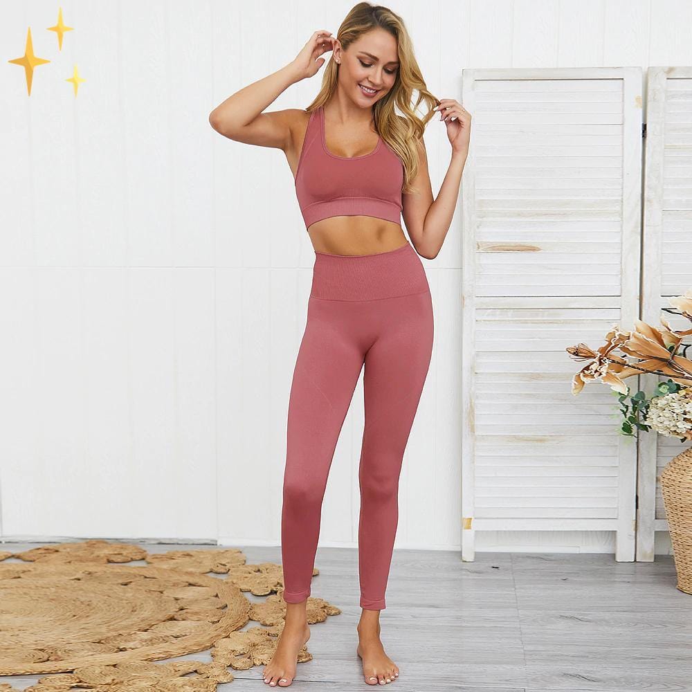 W&W Mode | Bunter Stylischer zwei-teiliges Sport-Set Nahtlose Leggings und Sport-BH-Set