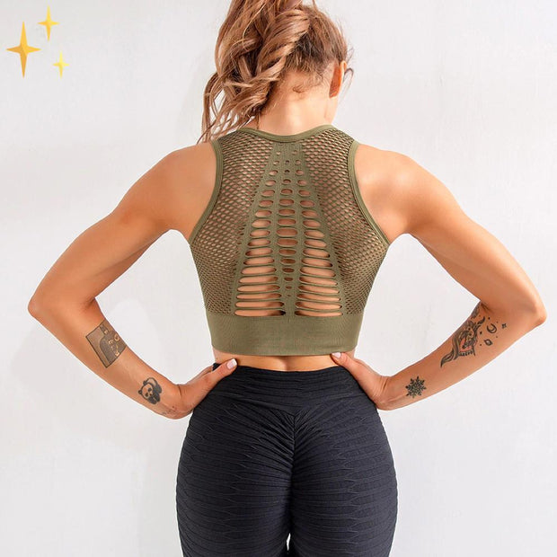 WW | Sport-BH Top mit gekreuzten Trägern und Netzrücken aus luftigem dehnbarem Material