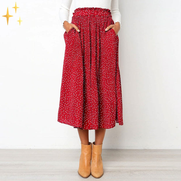 WW | Breite gepunkteter Midirock mit elastischem Bund, schrägen Taschen und Falten