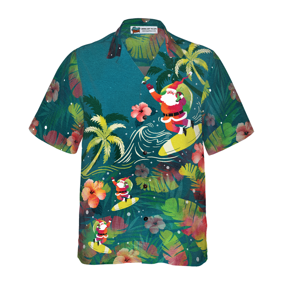 WW | Hyperfavor Weihnachten Hawaiian Shirts für Männer und Frauen, Santa Surfen Tropisches Hawaiian Shirt Knopfdown Shirt Kurzarm