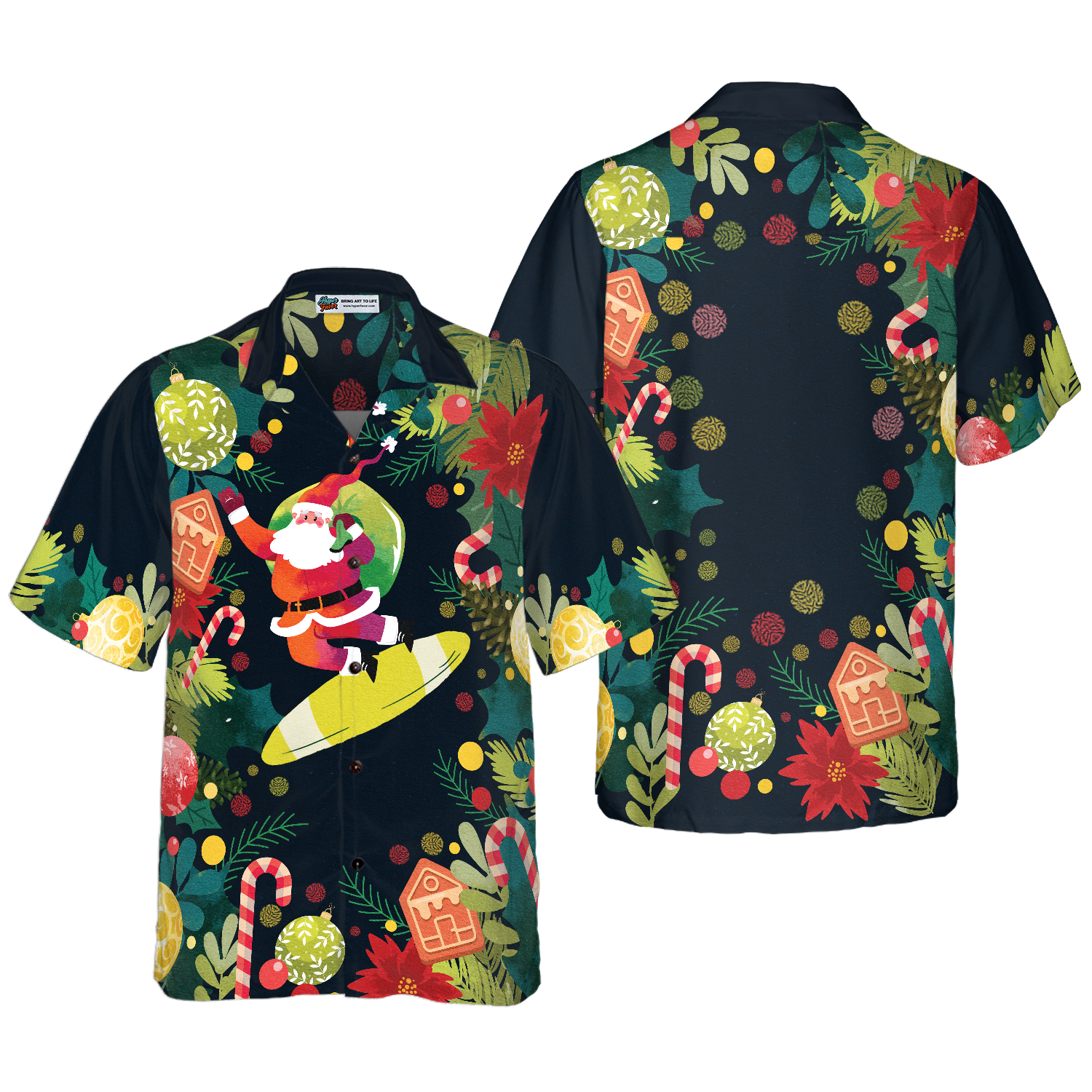 WW | Hyperfavor Weihnachten Santa Surfen Hawaiian Shirt, Weihnachten Shirts Kurzarm Button-Down Shirt für Männer und Frauen