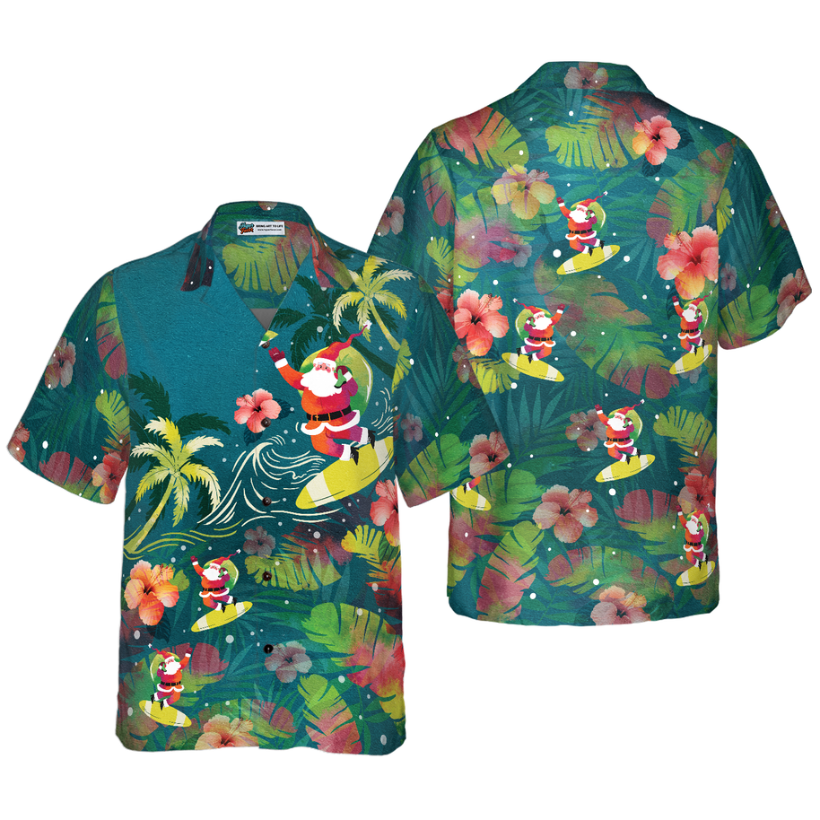WW | Hyperfavor Weihnachten Hawaiian Shirts für Männer und Frauen, Santa Surfen Tropisches Hawaiian Shirt Knopfdown Shirt Kurzarm