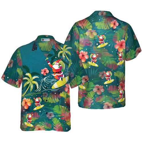 WW | Hyperfavor Weihnachten Hawaiian Shirts für Männer und Frauen, Santa Surfen Tropisches Hawaiian Shirt Knopfdown Shirt Kurzarm