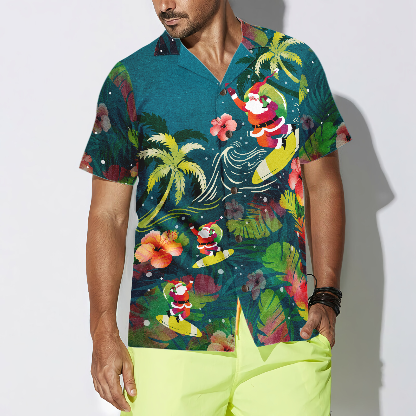 WW | Hyperfavor Weihnachten Hawaiian Shirts für Männer und Frauen, Santa Surfen Tropisches Hawaiian Shirt Knopfdown Shirt Kurzarm
