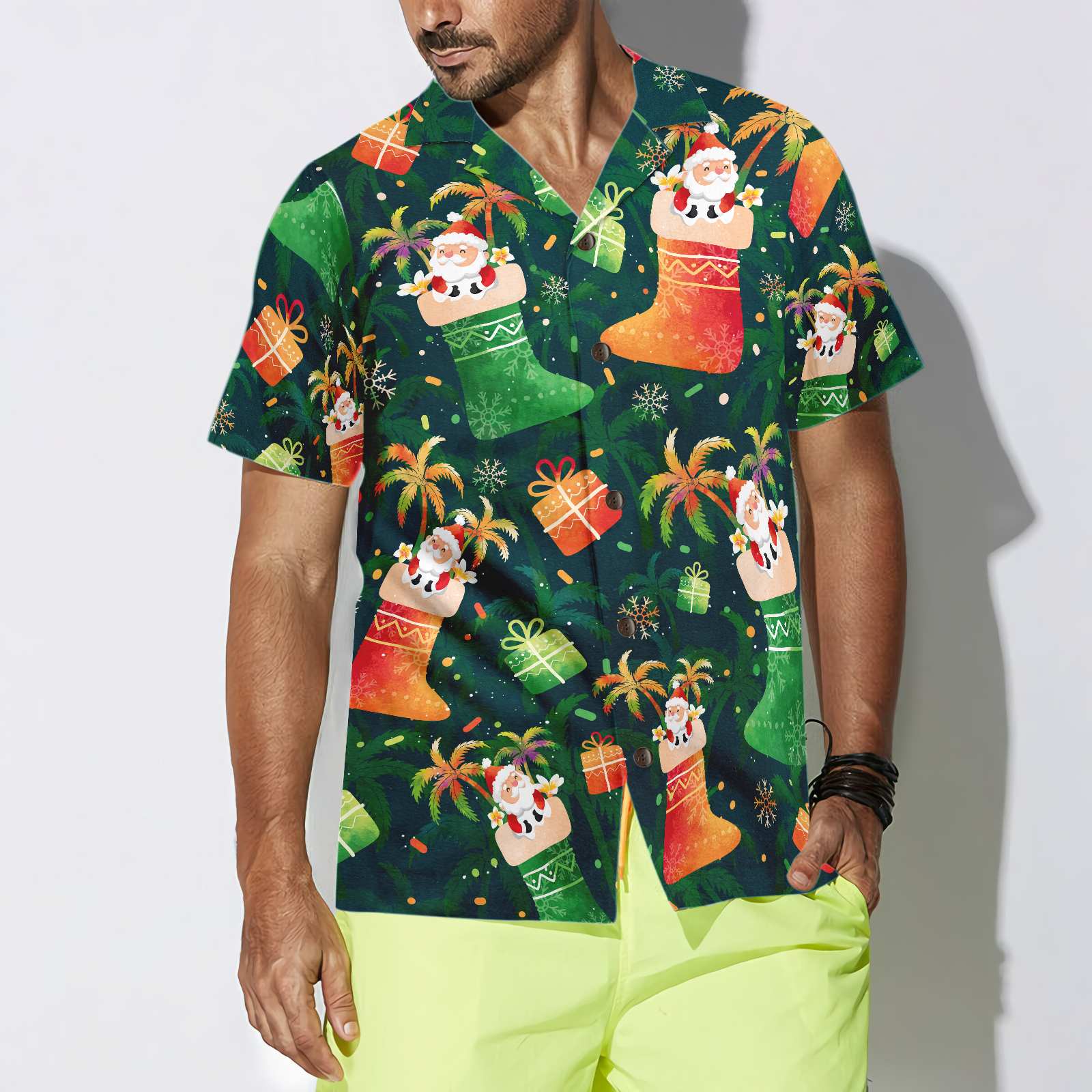 WW | Hyperfavor Weihnachten Hawaiian Shirts, Santa Weihnachtsstrumpf Muster Shirt Kurzarm, Weihnachtshemd Geschenkidee für Männer und Frauen
