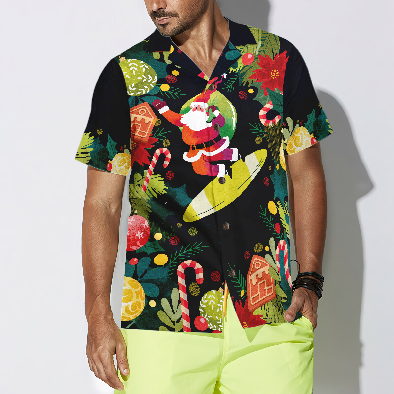 WW | Hyperfavor Weihnachten Santa Surfen Hawaiian Shirt, Weihnachten Shirts Kurzarm Button-Down Shirt für Männer und Frauen