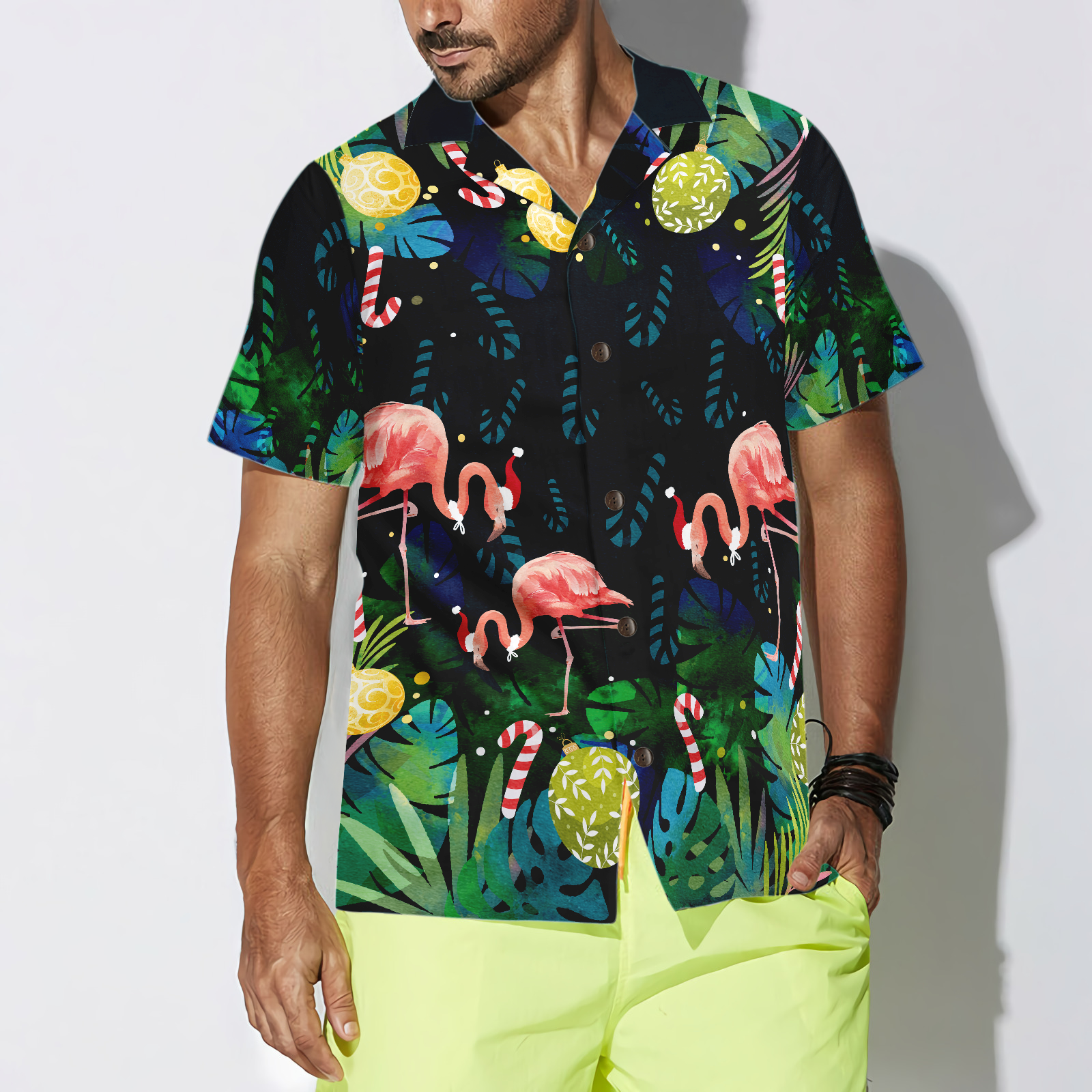 WW | Hyperfavor Weihnachts Hawaiian Shirts für Männer und Frauen, Weihnachts Flamingo Tropical Hawaiian Shirt Knopfleiste Kurzarm