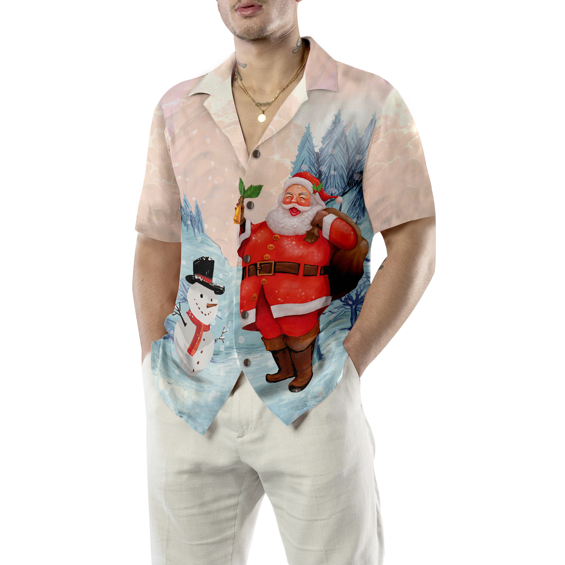 WW | Hyperfavor Weihnachten Hawaiian Shirts, Santa mit Schneemann Shirt Kurzarm, Weihnachts Shirt Idee Geschenk für Männer und Frauen