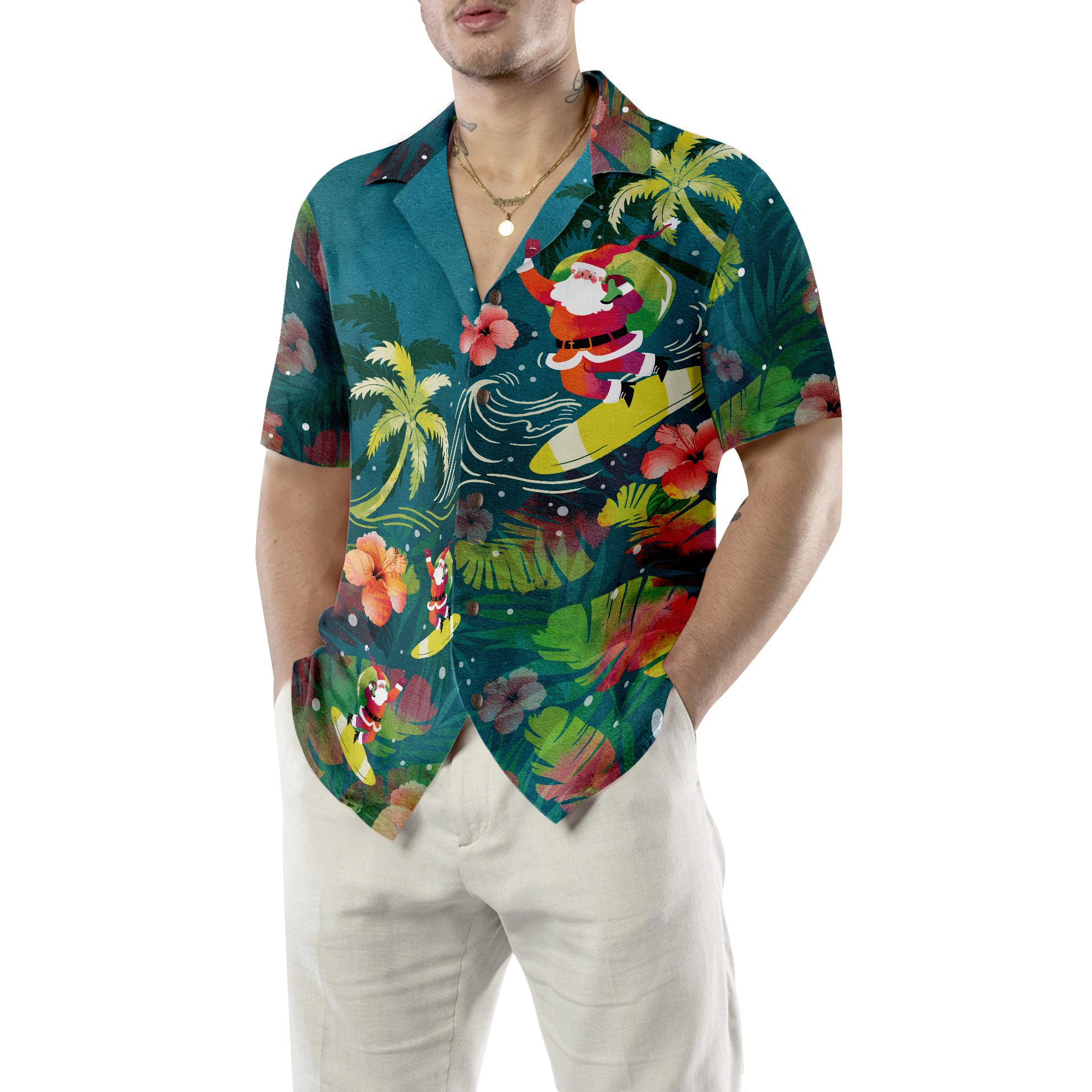 WW | Hyperfavor Weihnachten Hawaiian Shirts für Männer und Frauen, Santa Surfen Tropisches Hawaiian Shirt Knopfdown Shirt Kurzarm