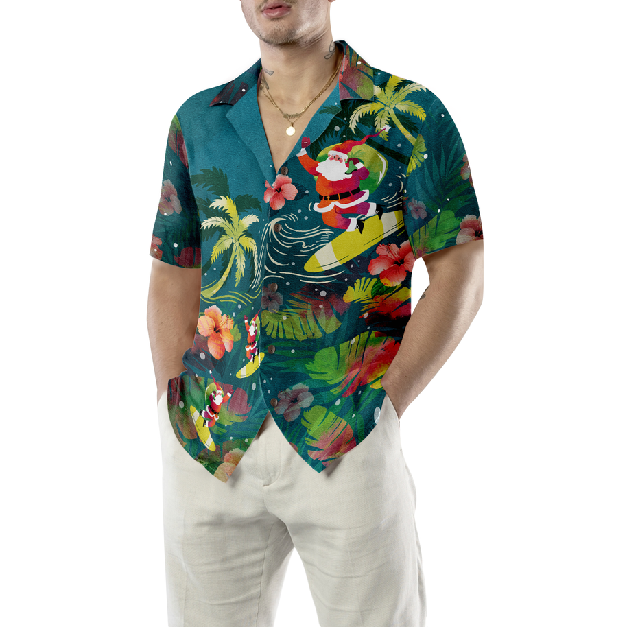 WW | Hyperfavor Weihnachten Hawaiian Shirts für Männer und Frauen, Santa Surfen Tropisches Hawaiian Shirt Knopfdown Shirt Kurzarm