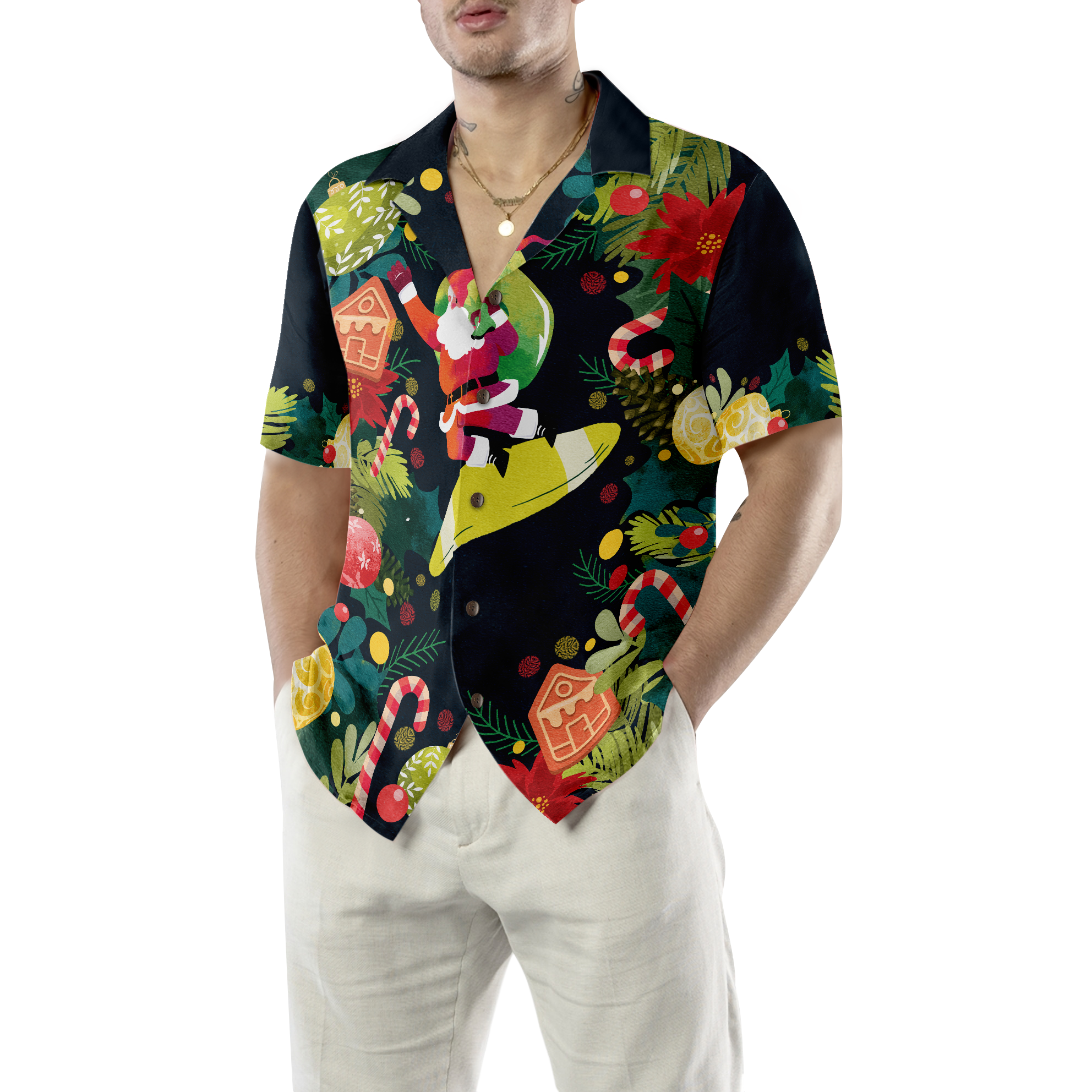 WW | Hyperfavor Weihnachten Santa Surfen Hawaiian Shirt, Weihnachten Shirts Kurzarm Button-Down Shirt für Männer und Frauen