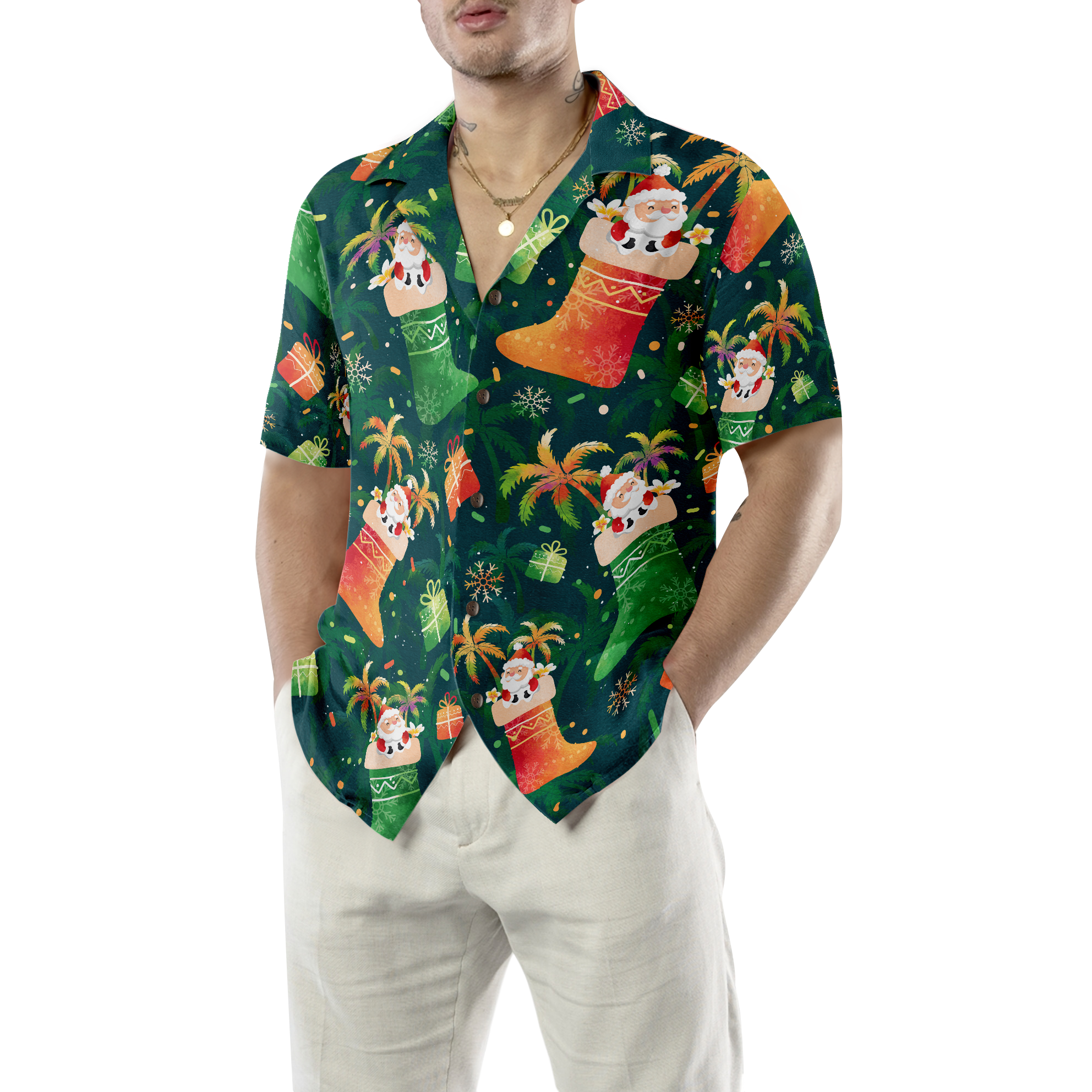 WW | Hyperfavor Weihnachten Hawaiian Shirts, Santa Weihnachtsstrumpf Muster Shirt Kurzarm, Weihnachtshemd Geschenkidee für Männer und Frauen