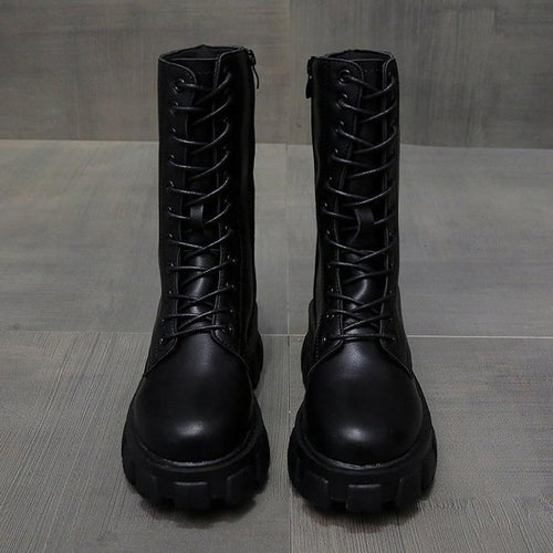 WW | Moderne Schnürverschluss Reißverschluss Seiten Profilsohle Chunky Heel Stiefel Bis Zur Wade