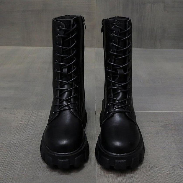 WW | Moderne Schnürverschluss Reißverschluss Seiten Profilsohle Chunky Heel Stiefel Bis Zur Wade