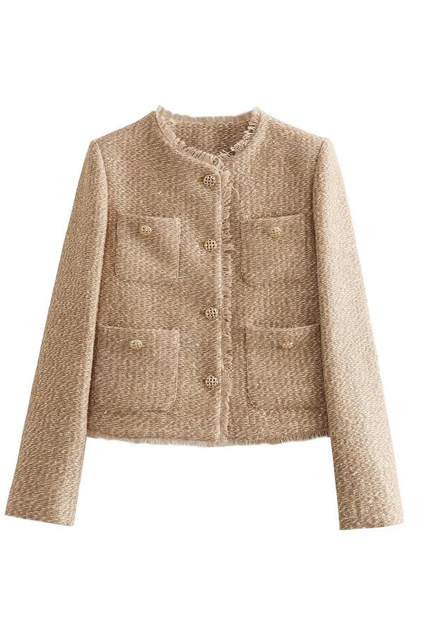 W&W Mode | Ausgefranste Jacke Mit Rundhalsausschnitt Und Knöpfen