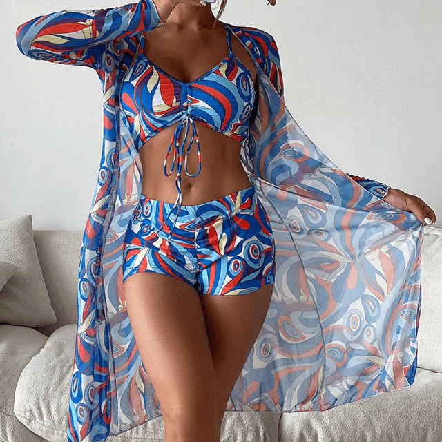 WW | Drei Teilige Bikini Satz Bikini Oberteil, Shorts Und Langer Strickjacke