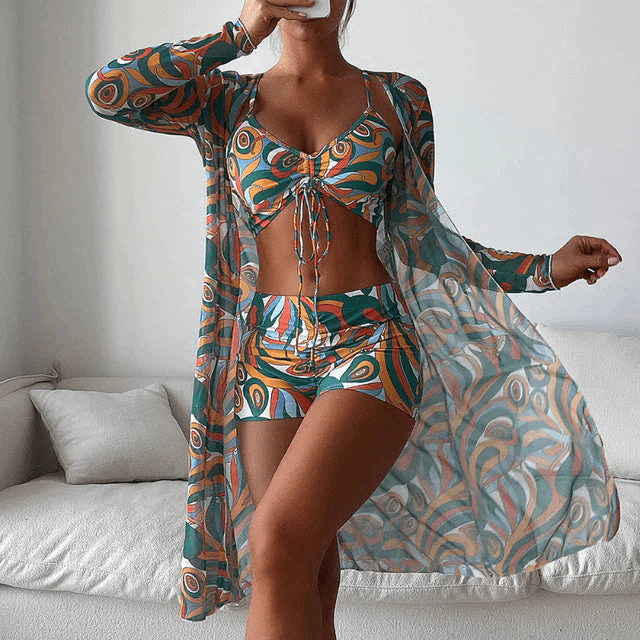 WW | Drei Teilige Bikini Satz Bikini Oberteil, Shorts Und Langer Strickjacke