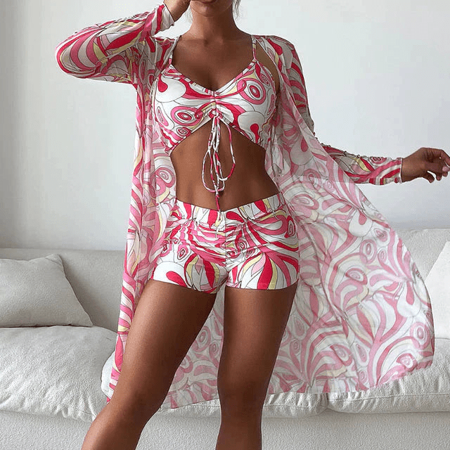 WW | Drei Teilige Bikini Satz Bikini Oberteil, Shorts Und Langer Strickjacke